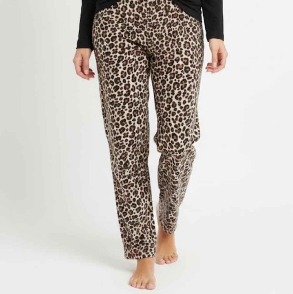 Adonna Fleece Pajama Pants Womens Size Medium Brown Leopard Animal Print
